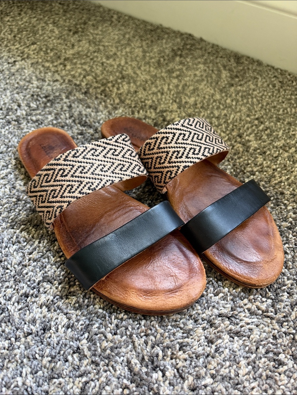 The Root Collective Leather Slide Sandals with Woven and Black Leather Straps